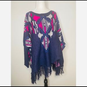Umgee Oversized Long Knit Fringed Sweater - Navy Blue / Neon Pink